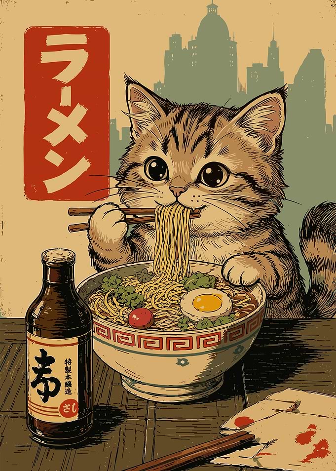 Cute Kitten Eating Ramen Poster