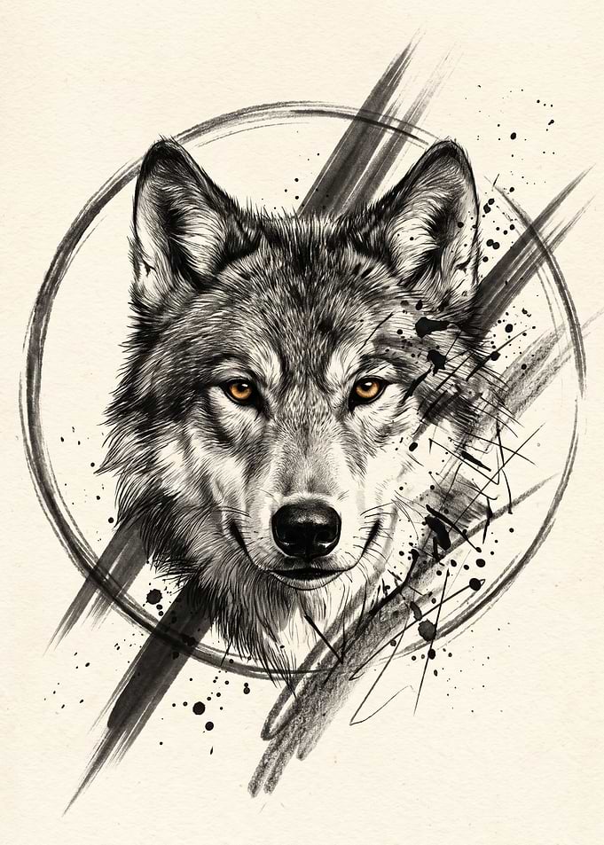 Artistic Wolf Portrait with Ink Splatter
