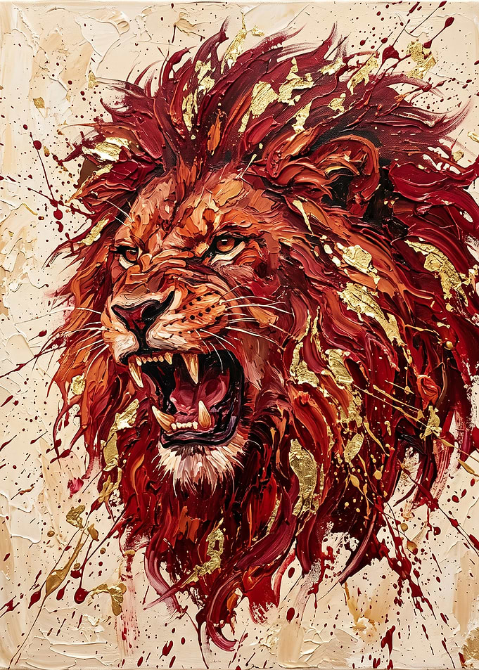 Roaring Lion Oil Painting with Gold