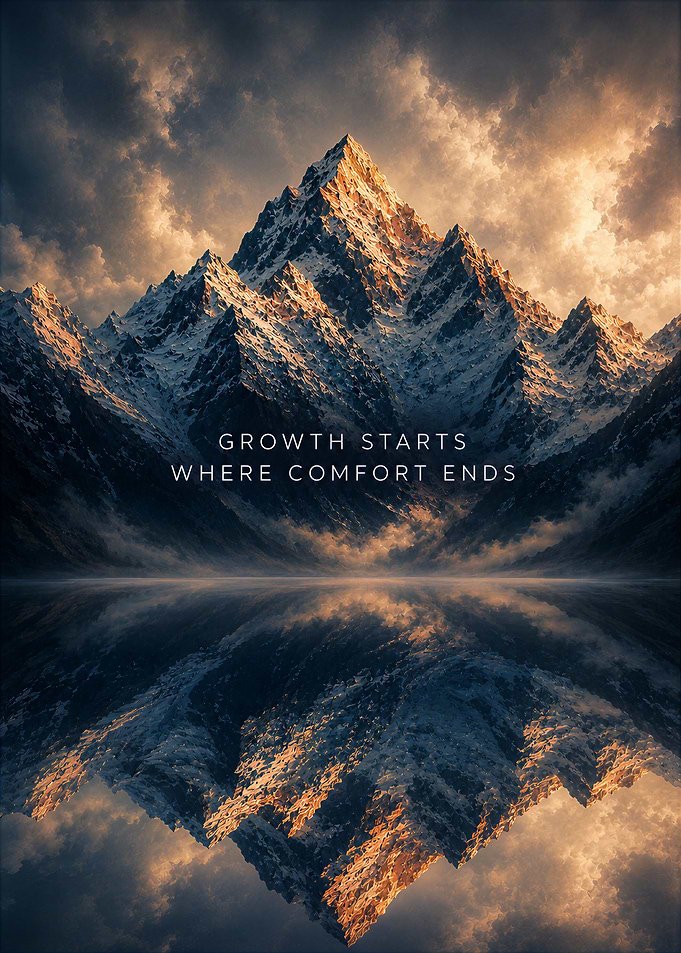 Growth Starts Where Comfort Ends Mountain - Growth Inspirational Quote Art Poster