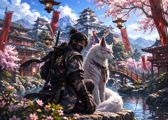 Samurai and Fox Spirit in Japan