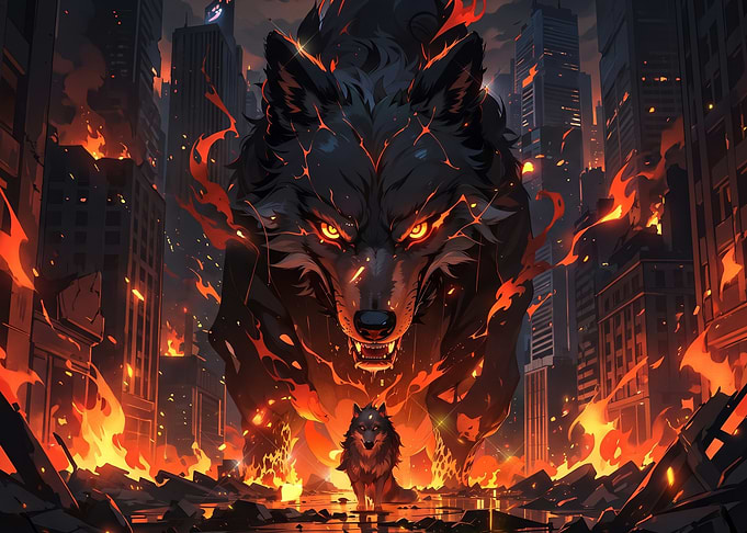 Giant Fiery Wolf in Burning City