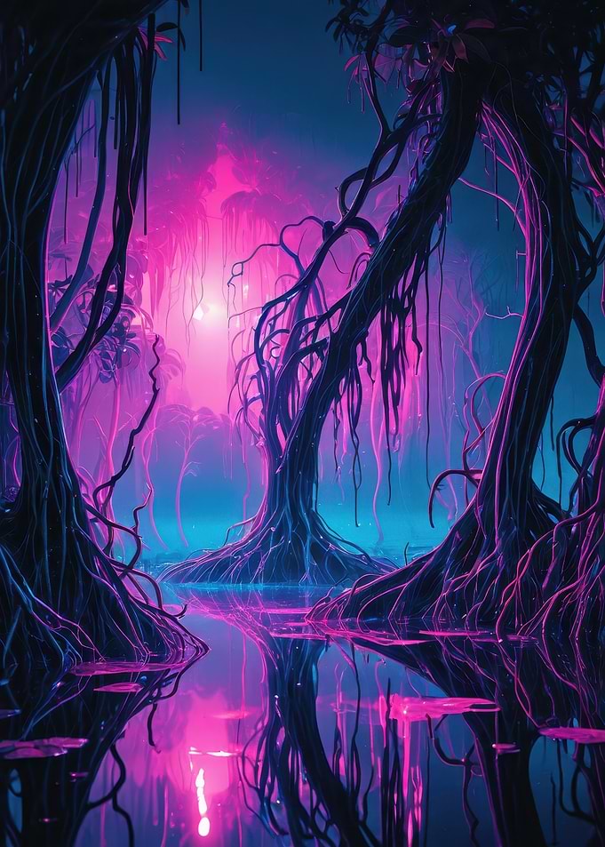 Bioluminescent Mangrove — Neon Glowing Forest Reflection
