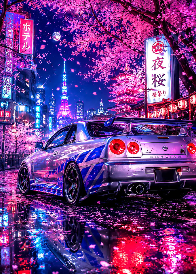 Nissan Skyline GT-R Under Cherry Blossoms