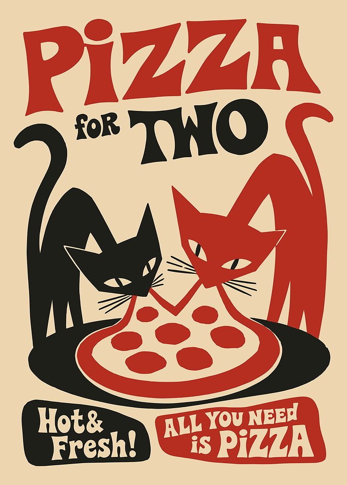 Pizza for Two Retro Cat Poster