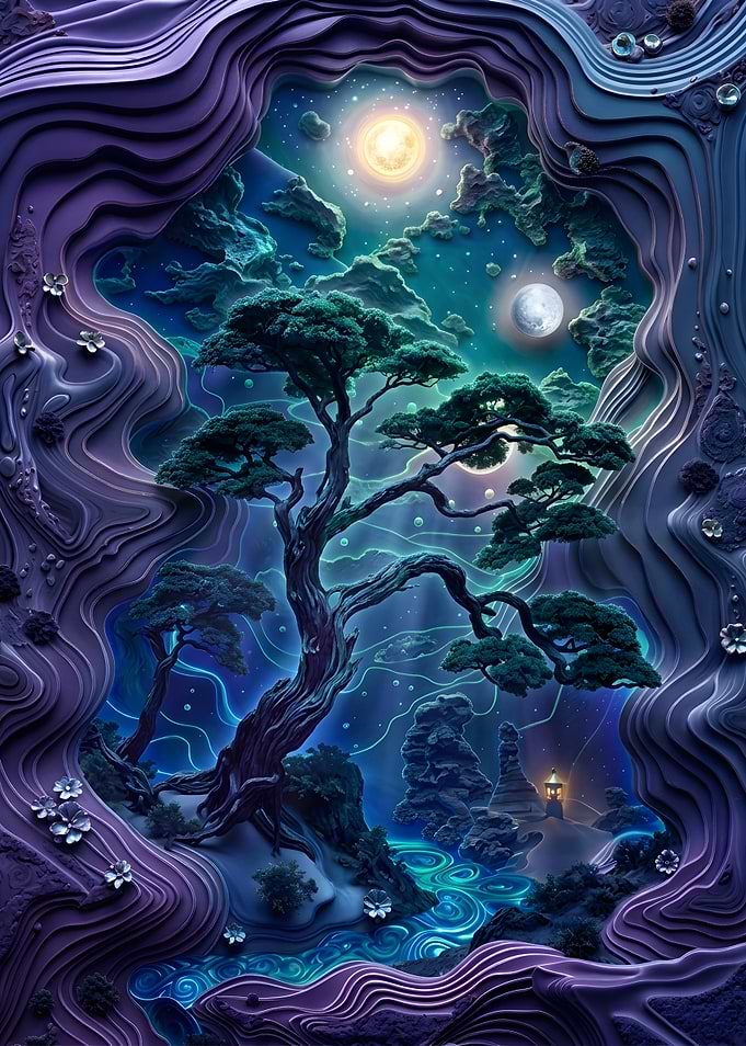 Ethereal Bonsai Tree in Cosmic Landscape
