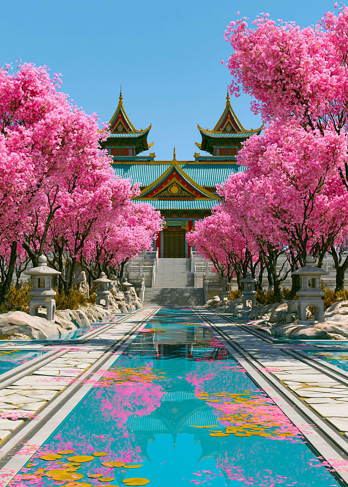 Cherry Blossom castle with Turquoise Reflection Pool