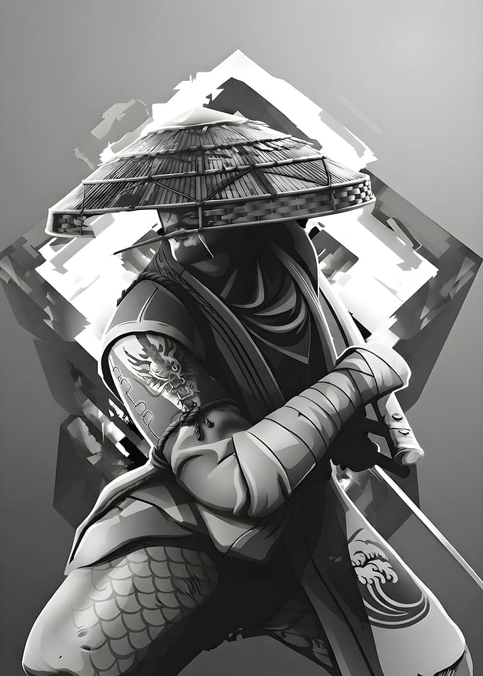Monochrome Samurai Warrior Digital Illustration