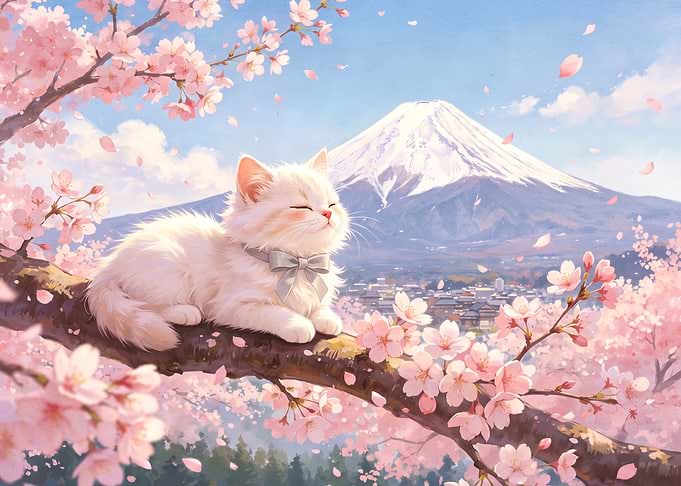 Cute Cat Resting on Cherry Blossom