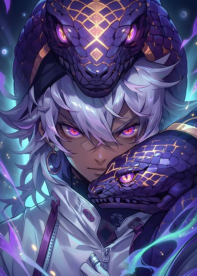 Anime Boy with Glowing Purple Snakes