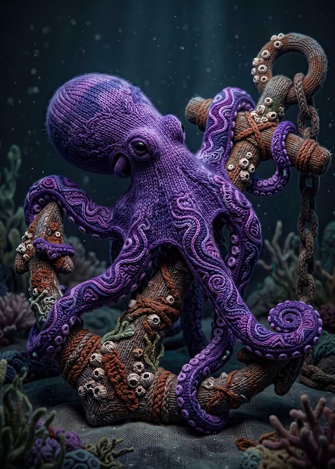 Knitted Purple Octopus on Anchor