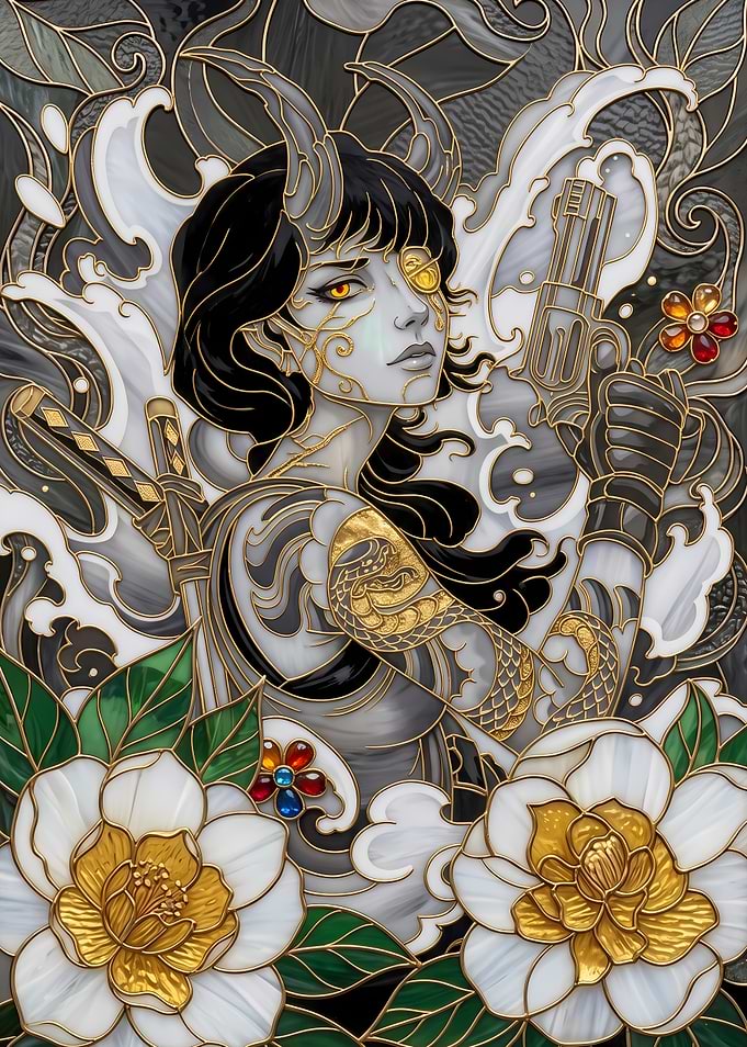 Stained Glass Demon Girl Warrior