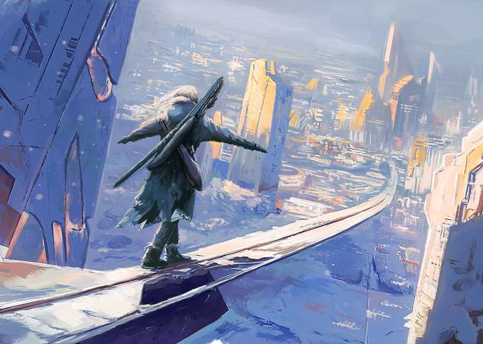 Lone Traveler on Futuristic Sky Bridge