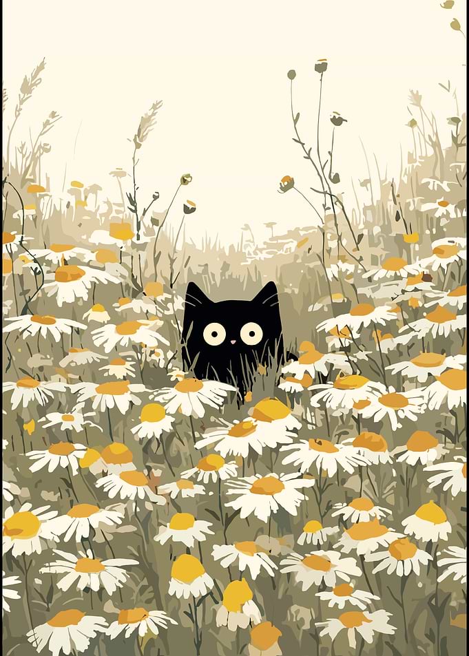 Black Cat in Daisy Field