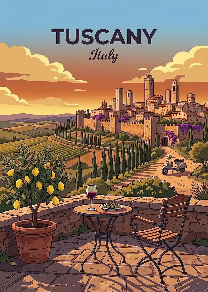 Tuscany Italy Sunset Travel Poster