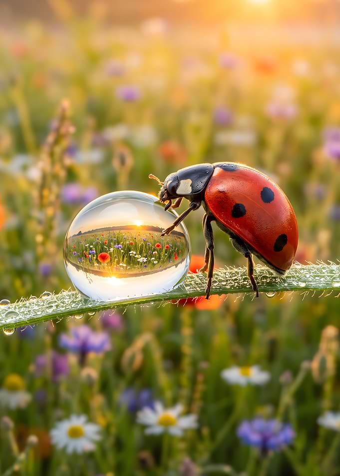 Ladybug and Dewdrop in Wildflower Meadow