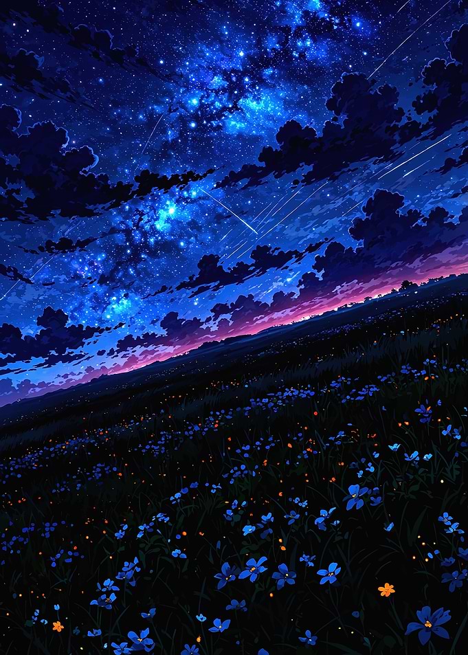 Starry Night Over Blue Flower Field