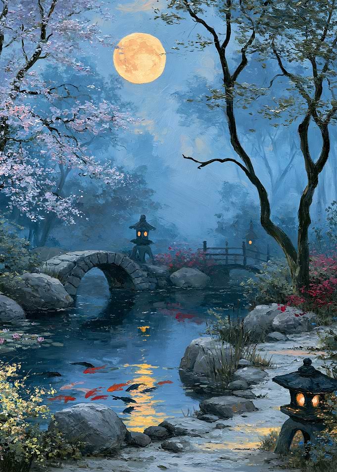 Moonlit Japanese Garden with Stone Bridge and Koi Pond
