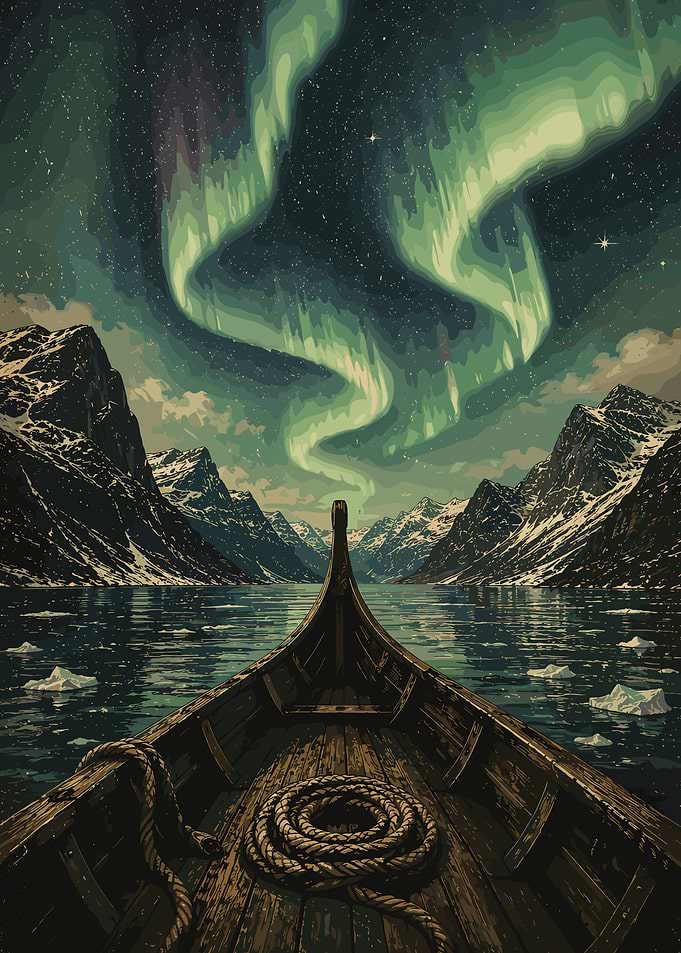 Viking Ship Under Northern Lights Wall Art | Nordic Fjord Night Landscape Poster