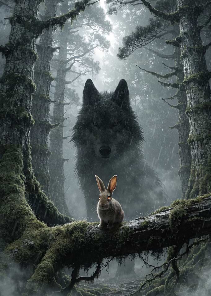 Giant Wolf Looming Over Small Rabbit