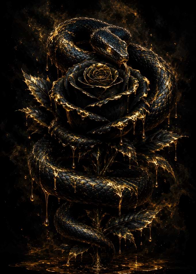 Black Snake Coiled Around Golden Rose