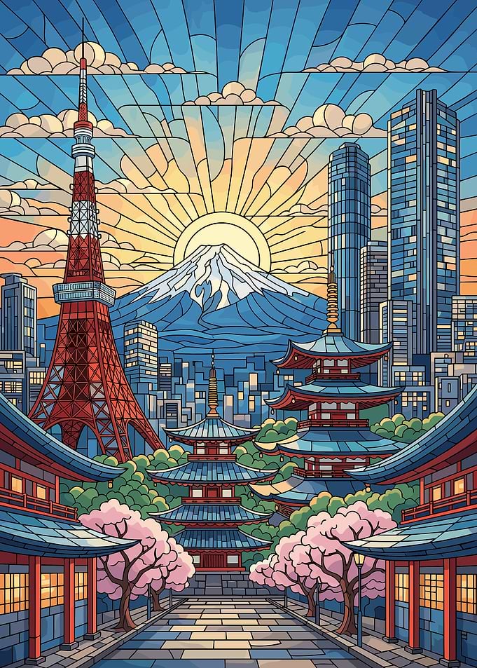 Stained Glass Tokyo Cityscape