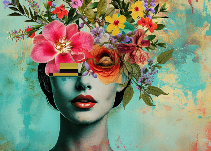 Surreal Floral Portrait with Glitch Art