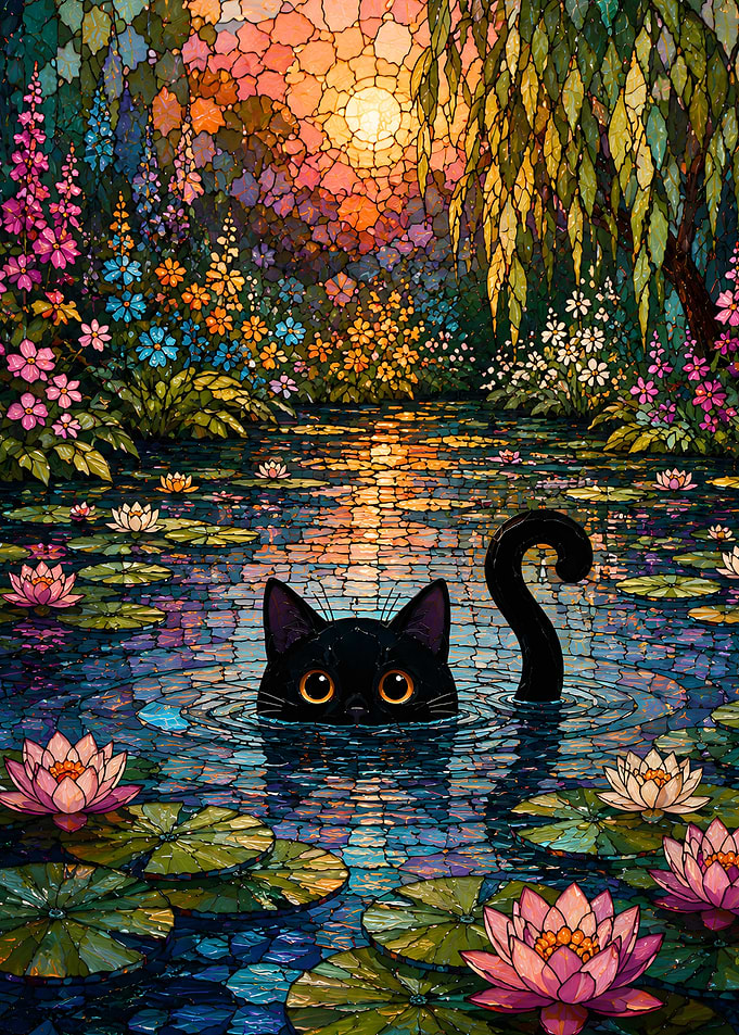 Black Cat in Stained Glass Pond