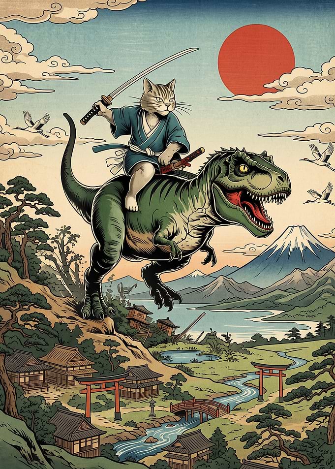 Samurai Cat Riding T-Rex