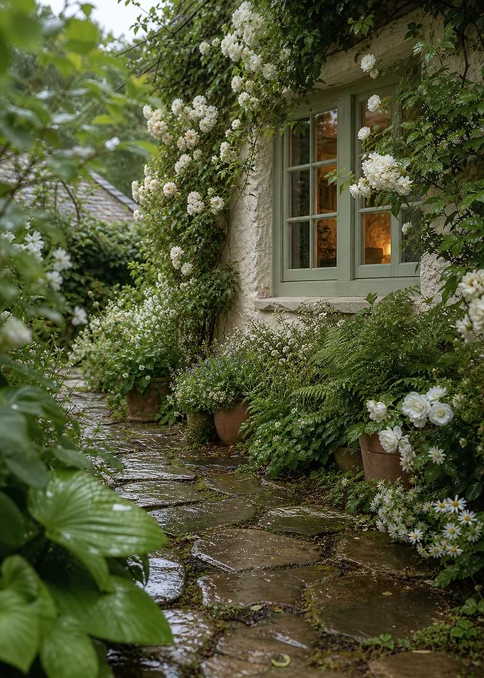 Rainy Cottage Garden with Stone Path