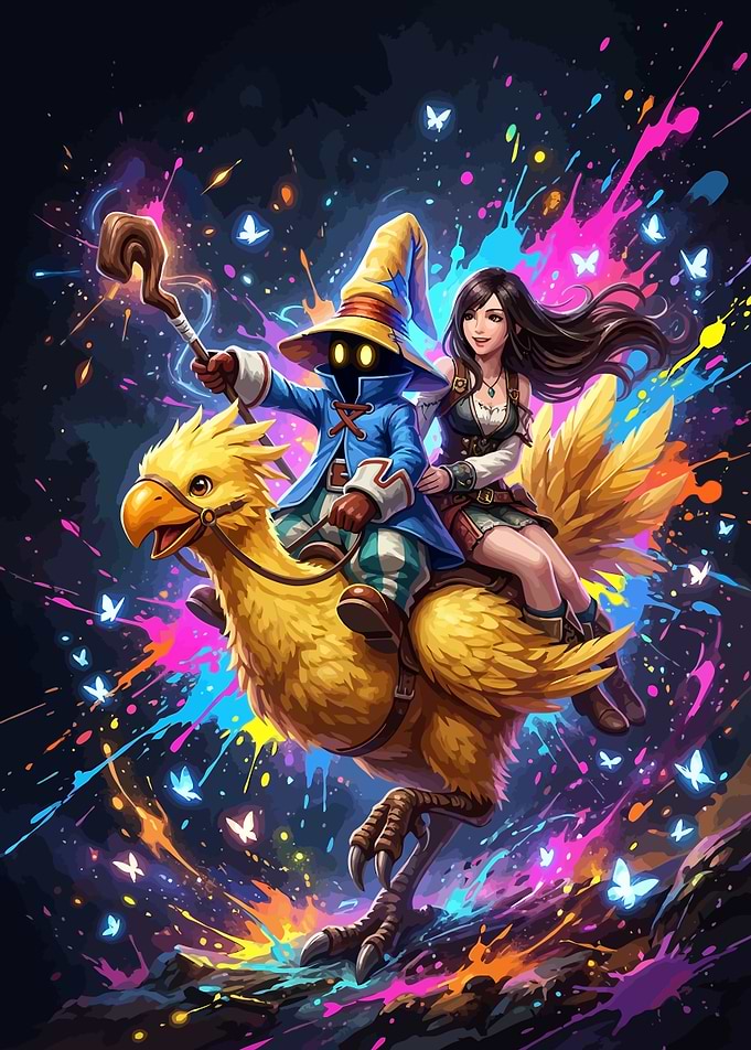 Vivi and Tifa Riding a Chocobo
