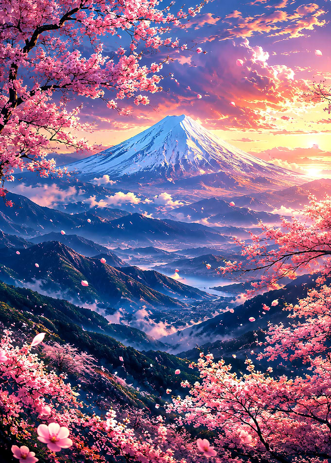 Mount Fuji at Sunset with Cherry Blossoms
