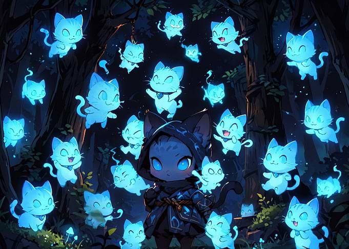Mystical Cat Ninja and Glowing Spirits