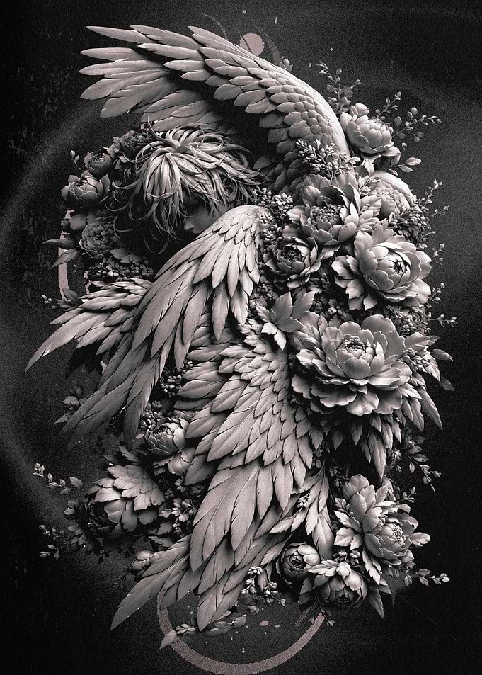 Angel Embraced by Floral Bloom