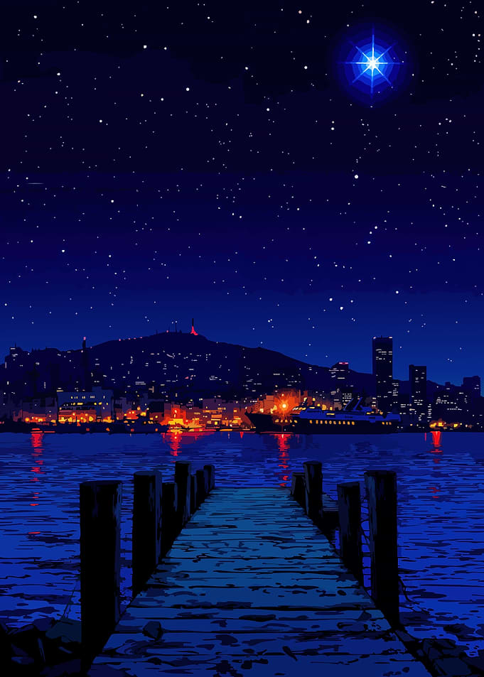 Night Harbor Pier Under Starry Sky