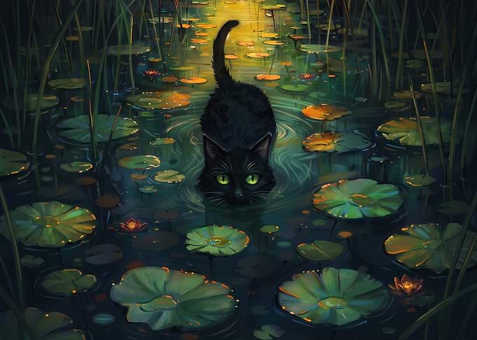 Black Cat Wading Through Lily Pads