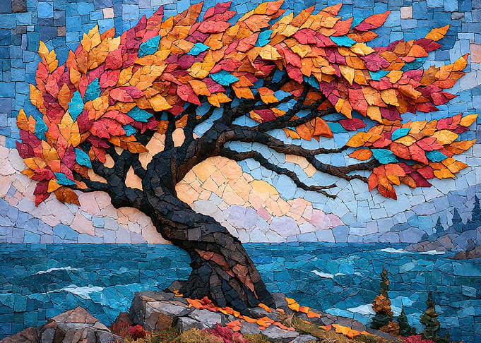 Vibrant Mosaic Tree by the Sea