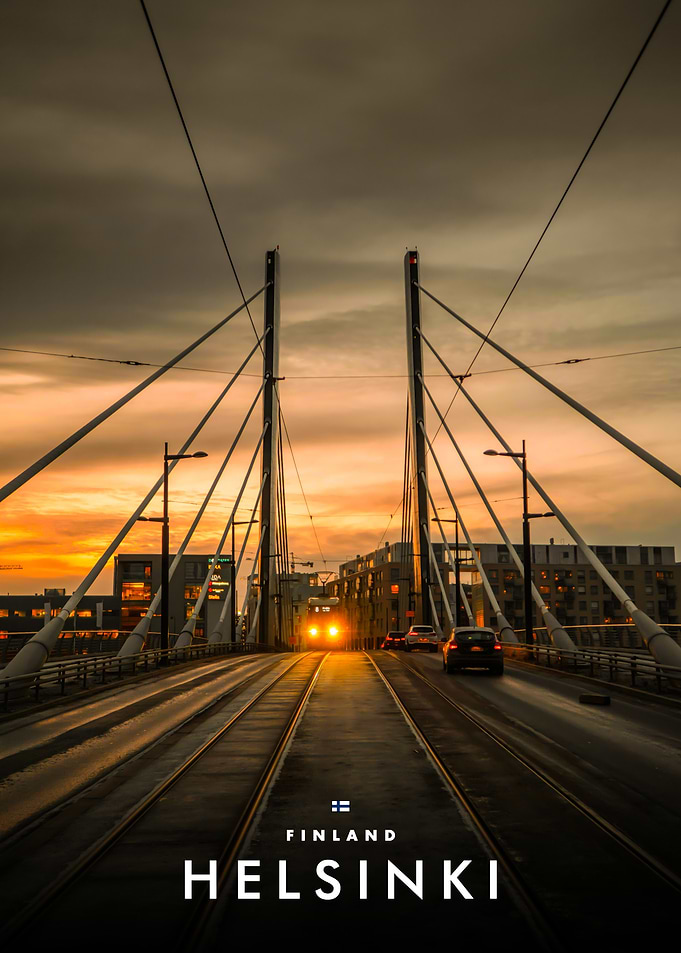 Helsinki Bridge Sunset Travel Poster