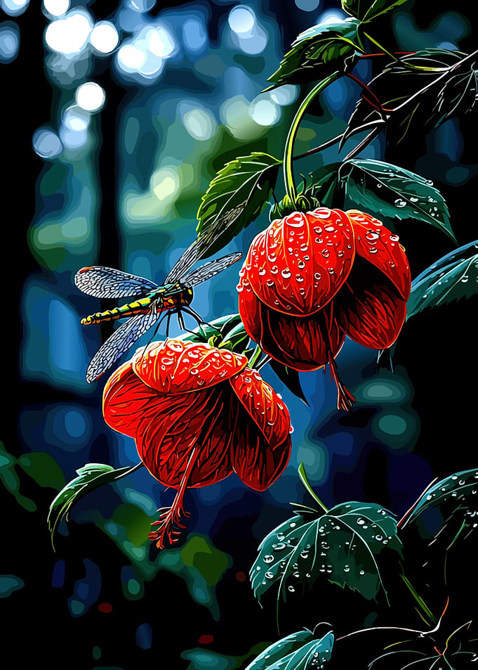 Dragonfly on Dewy Red Flowers