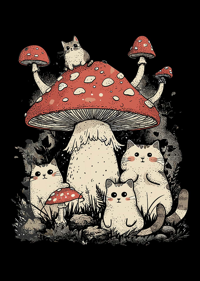 Cute Cats and Forest Mushrooms Whimsical Storybook Wall Art Poster