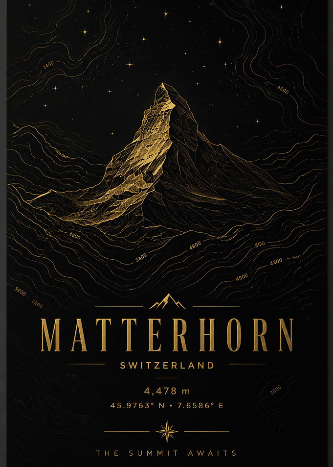 Matterhorn Topographic Map – Luxury Gold Mountain Wall Art | Switzerland Alpine Poster