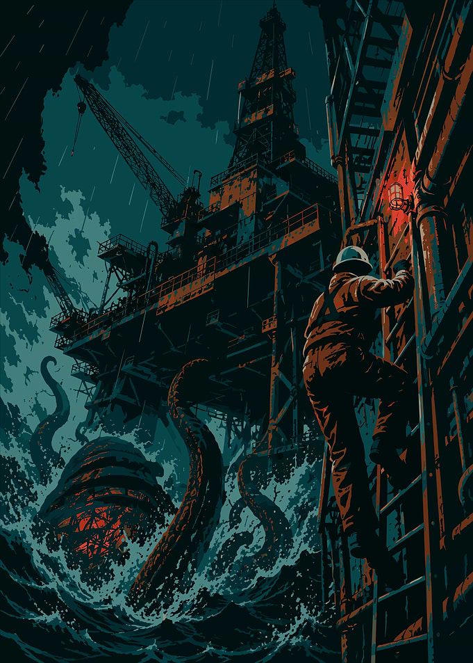 Sea Monster Attacking Oil Rig