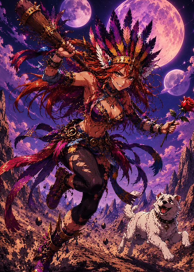 Warrior Princess with Dog Under Moons