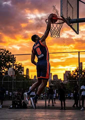 Basketball Player Dunking at Sunset