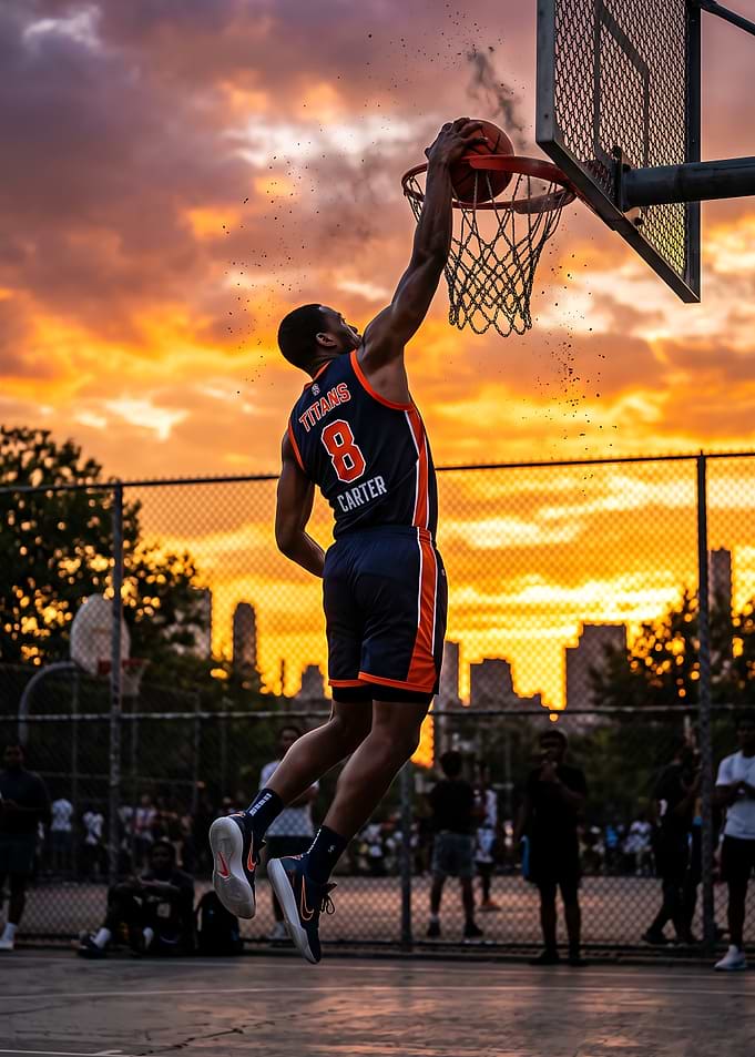 Basketball Player Dunking at Sunset
