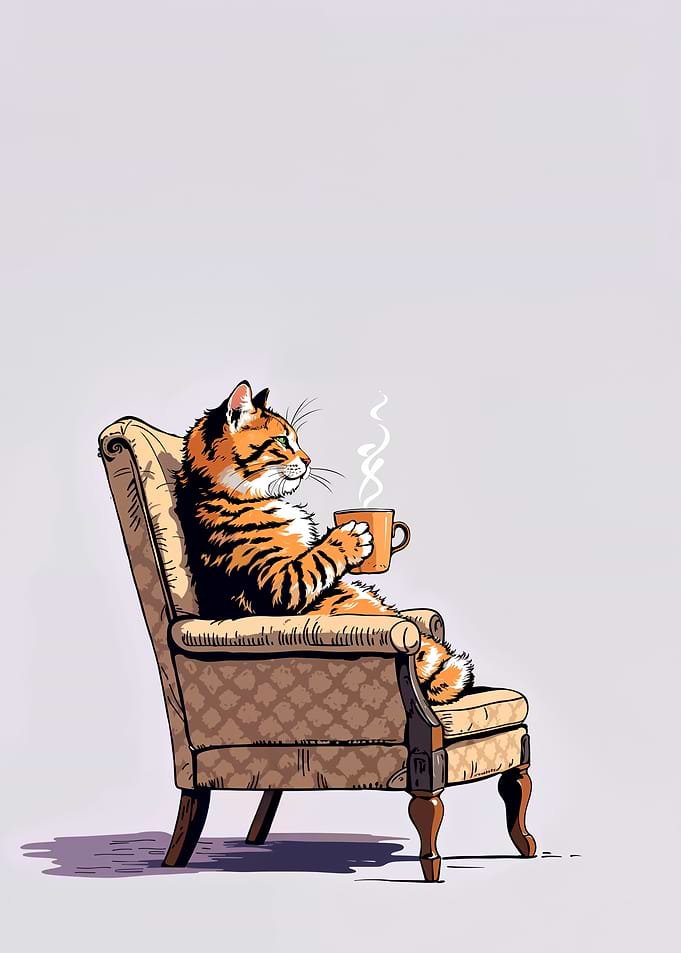 Cozy Tabby Cat Drinking Coffee