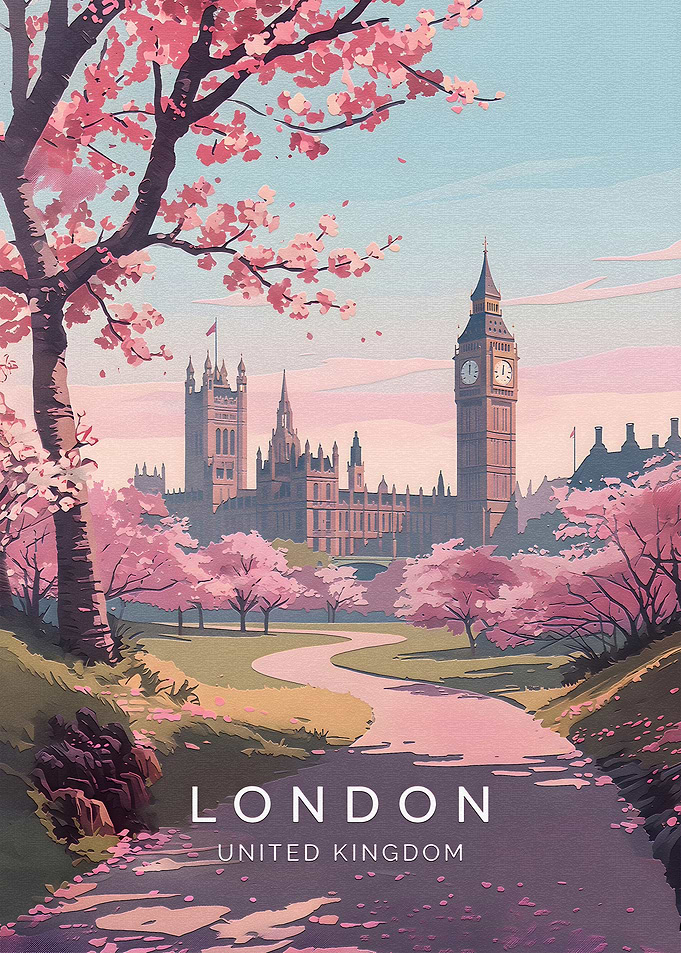 London Spring Cherry Blossom Travel Poster