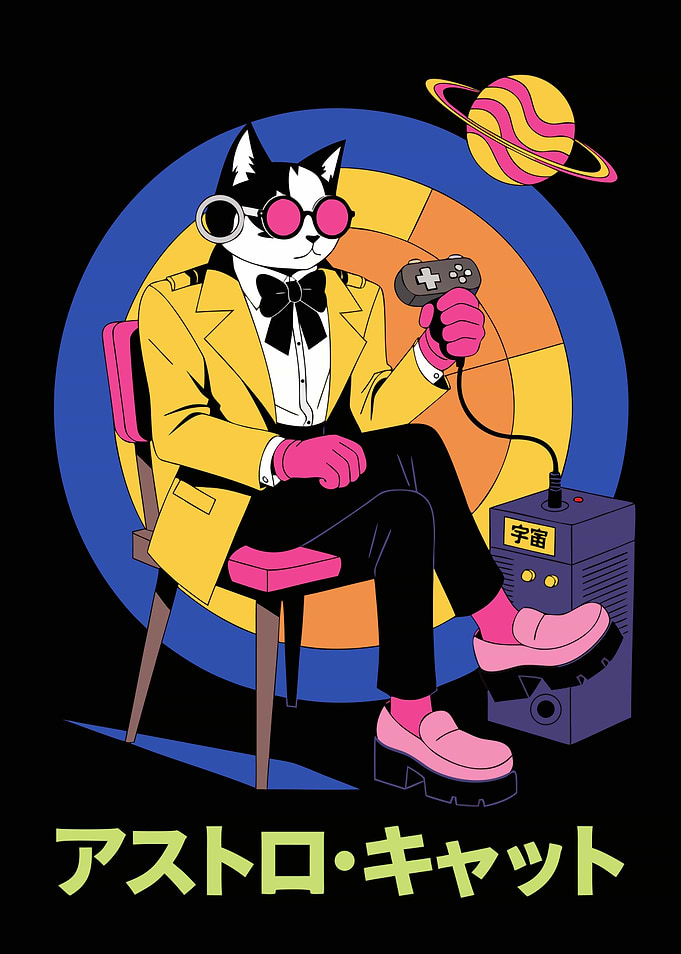 Retro Gaming Astro Cat Illustration