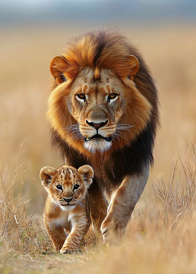 Majestic Lion and Cub Walking