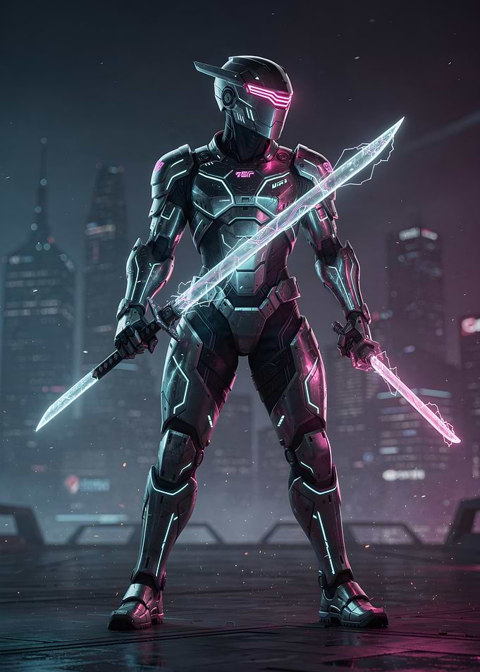 Neon Samurai Sentinel — Cybernetic Warrior with Glowing Energy Blades